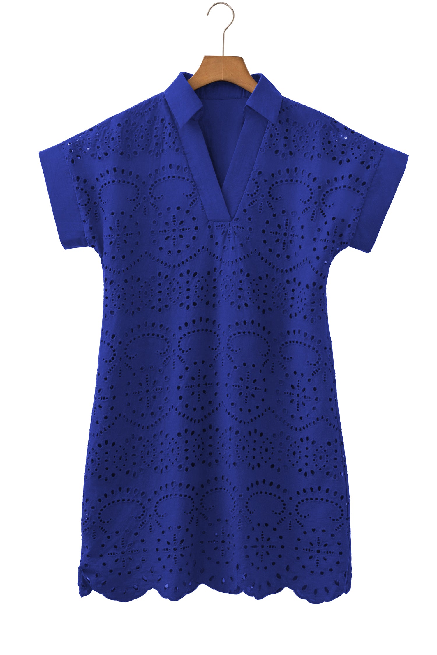 Rose Red Solid Color Eyelet Embroidered T Shirt Mini Dress