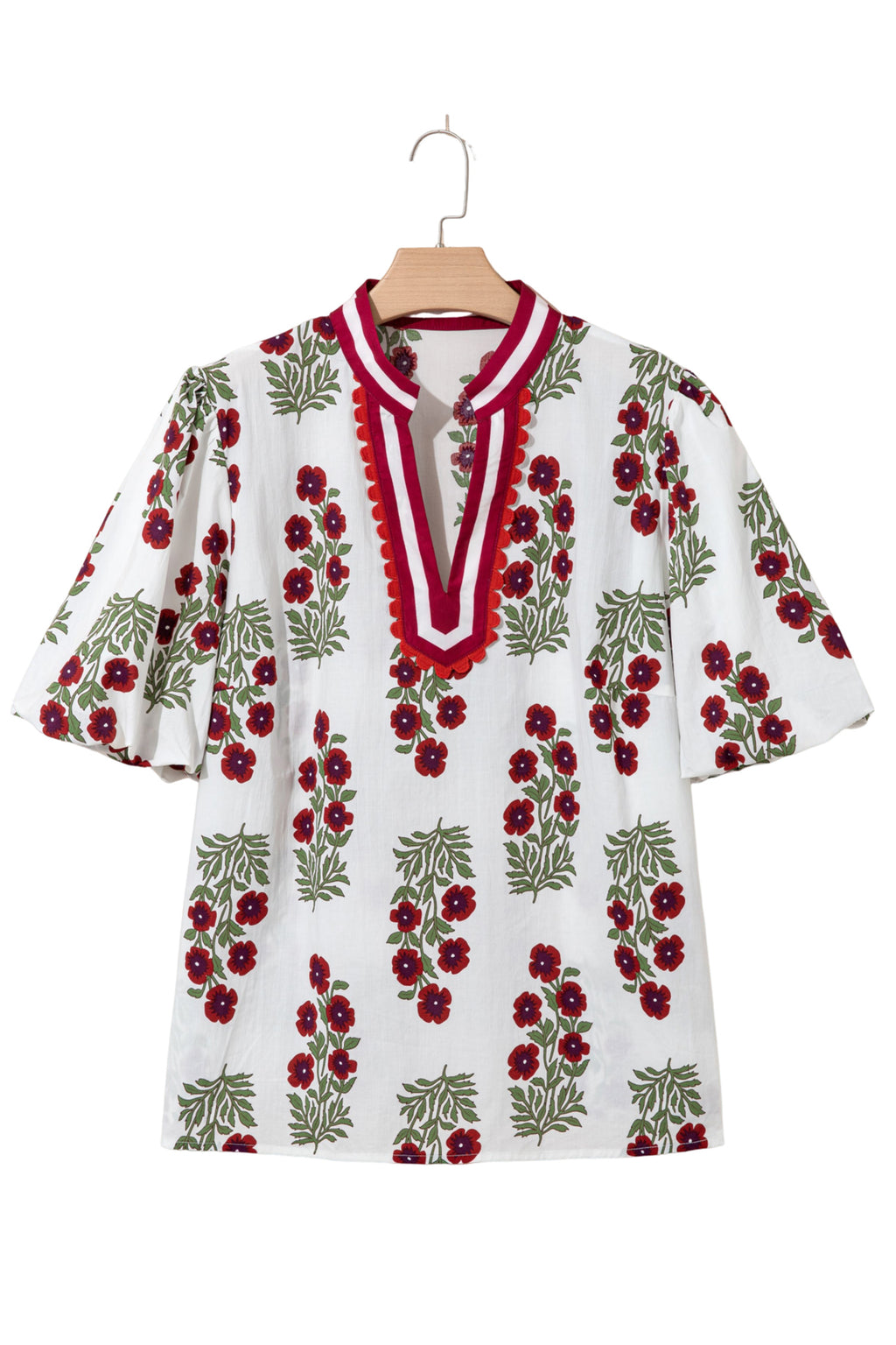 White Plus Size Floral Print Ricrac Striped Trim Short Sleeve Cotton Blouse
