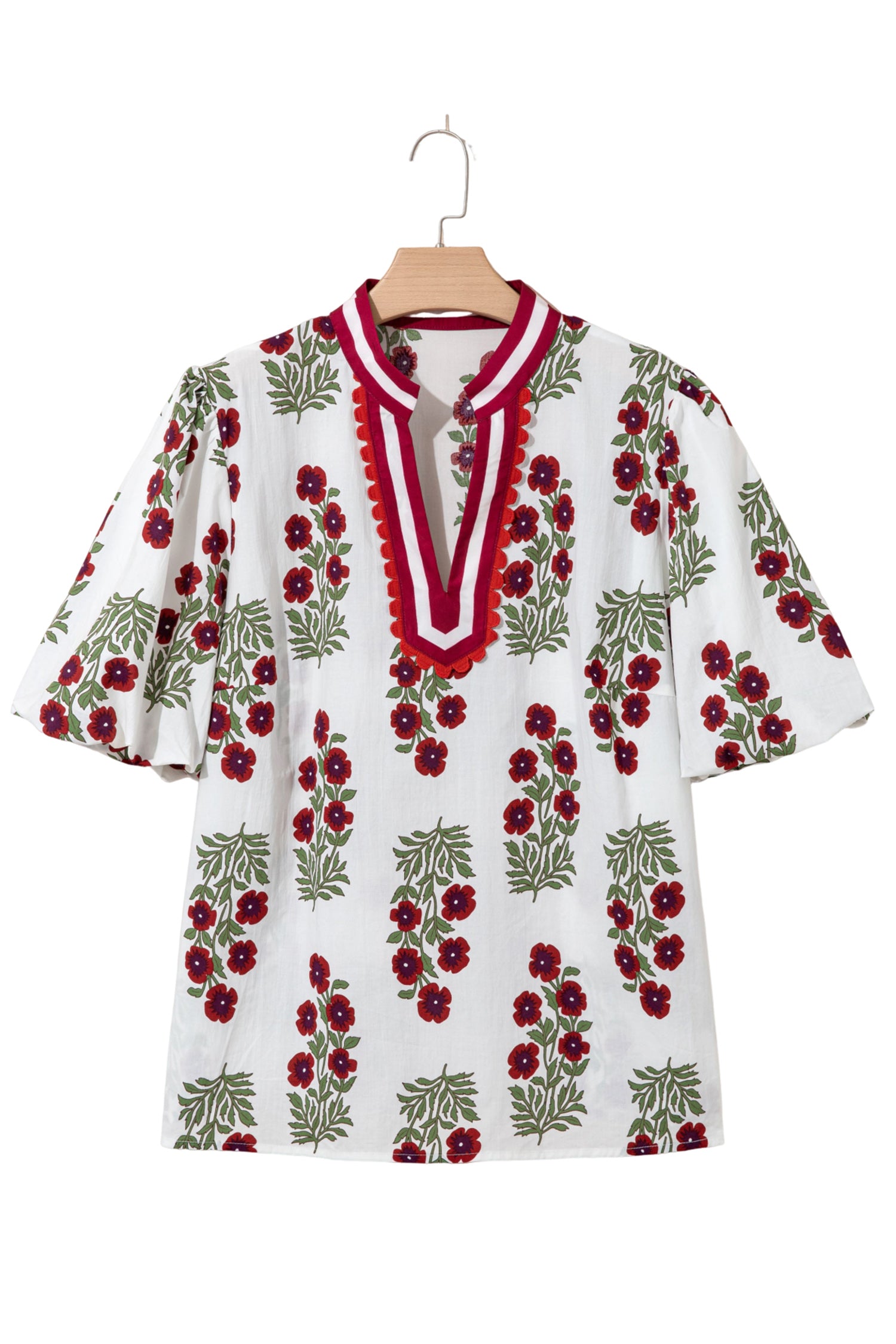 White Plus Size Floral Print Ricrac Striped Trim Short Sleeve Cotton Blouse