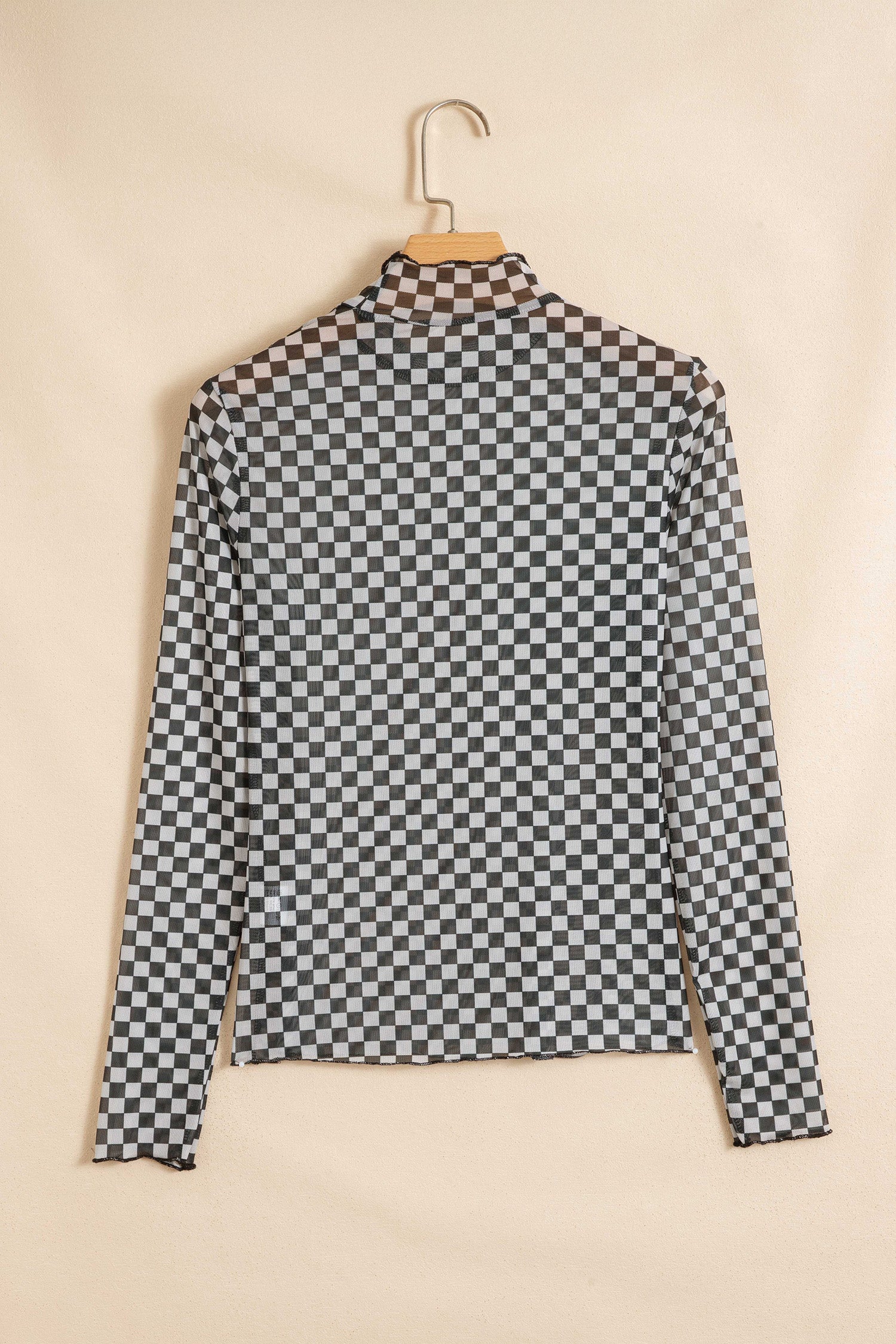 Black Plaid Stand Neck Long Sleeve Mesh Top