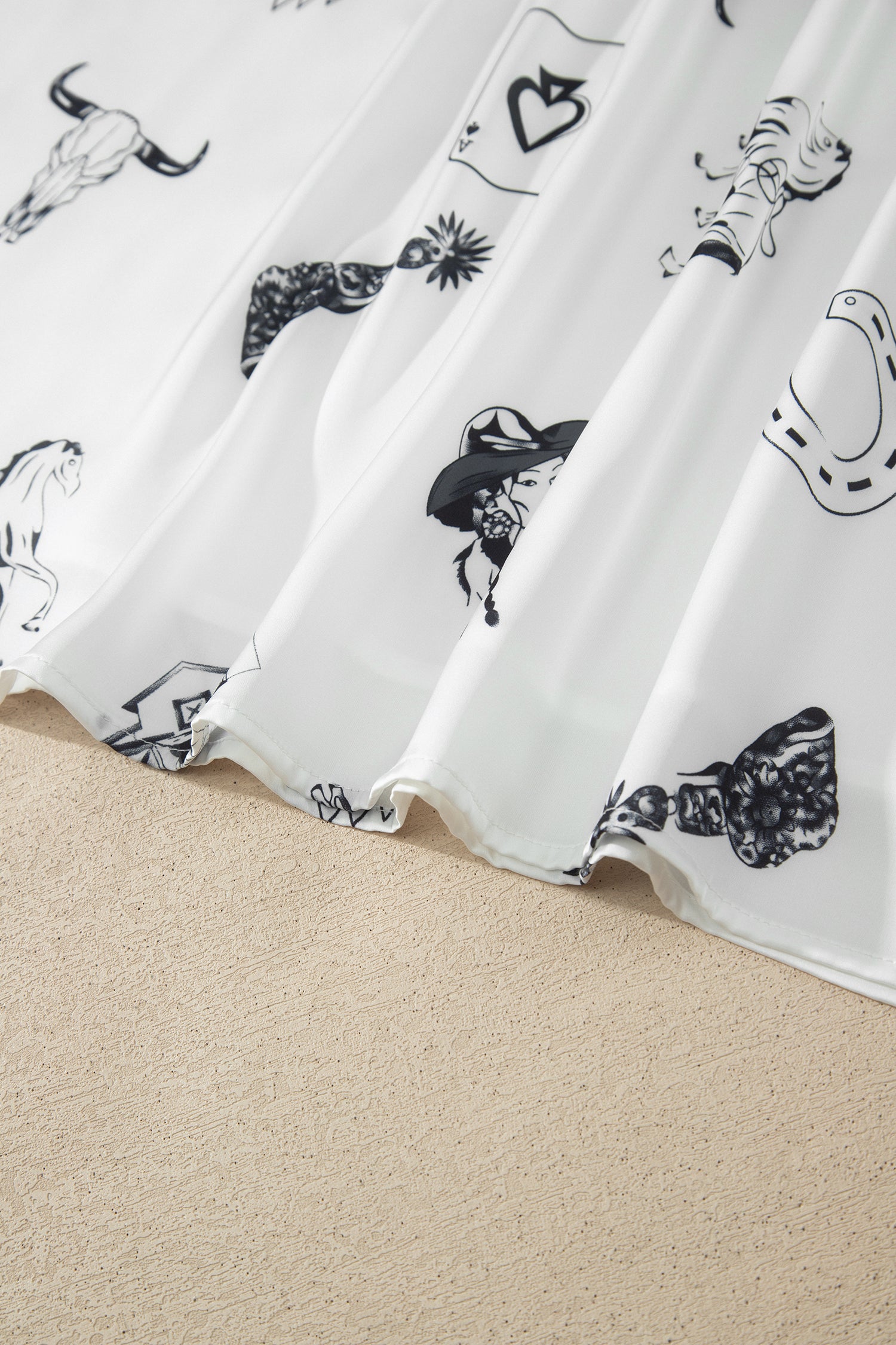White Western Print Satin Long Skirt
