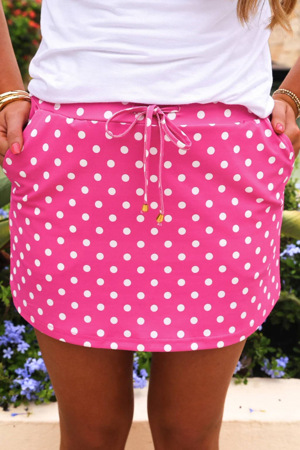 Sachet Pink Polka Dot Drawstring Casual Mini Skort