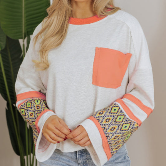 Apricot Western Aztec Patch Mineral Wash Loose Fit Top