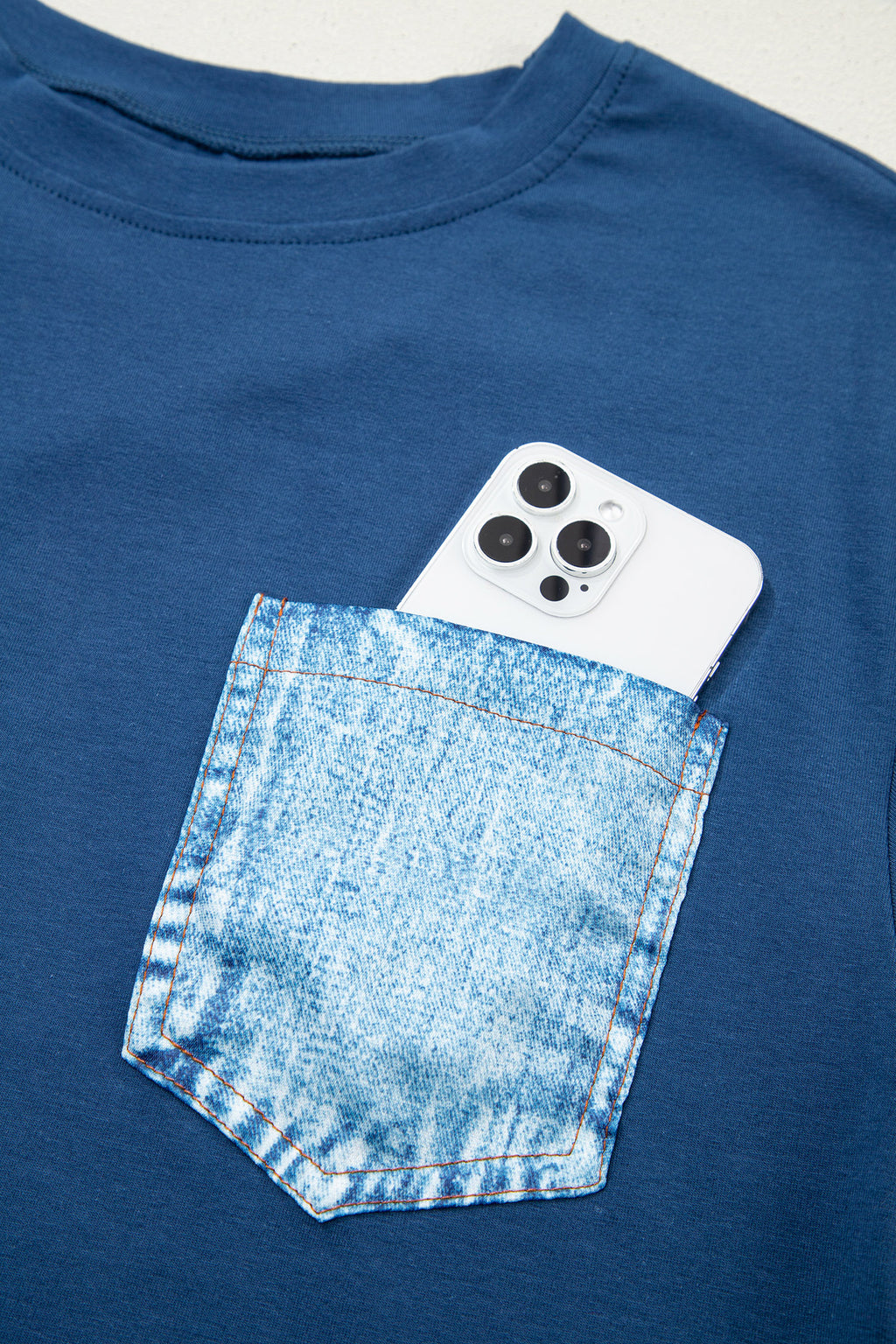 Sail Blue Color Block Chest Pocket Patched Casual Short Sleeve Top