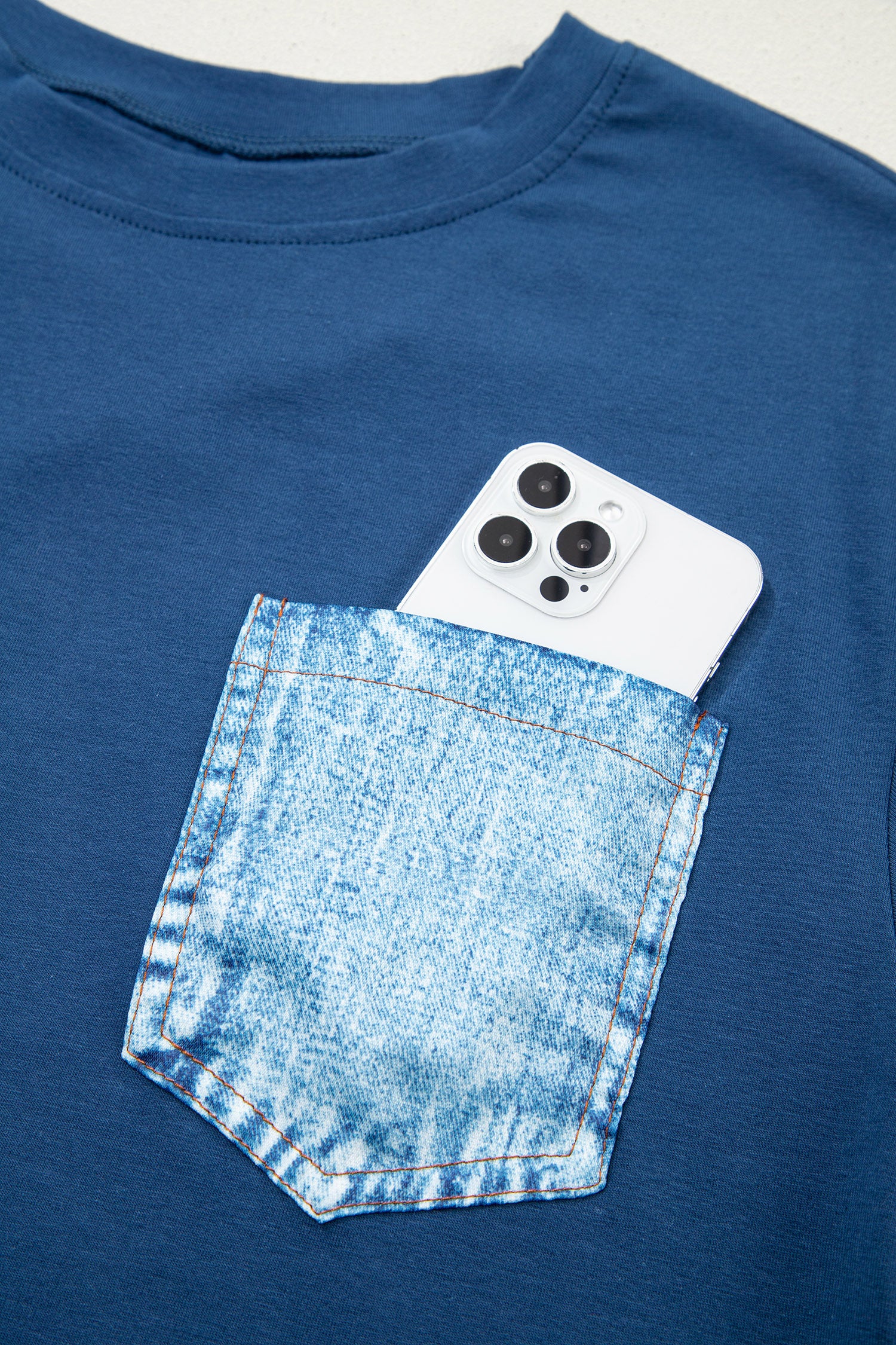 Sail Blue Color Block Chest Pocket Patched Casual Short Sleeve Top