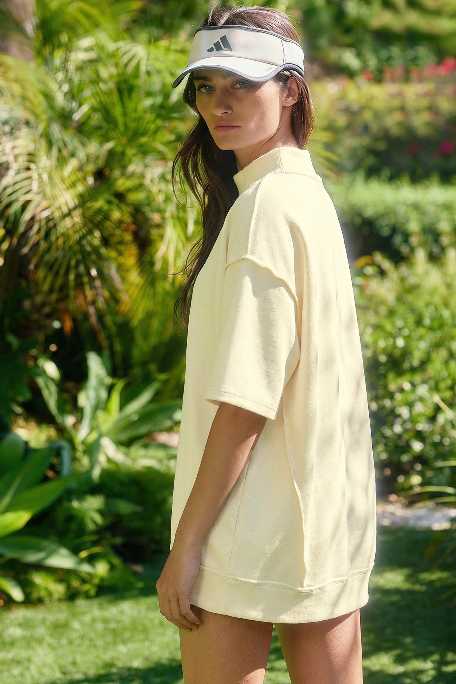 Yellow Cream Solid Color Exposed Seam Mock Neck Oversize Tee Casual Shorts 2pcs Outfit