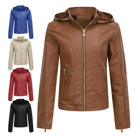 Women's Fleece-Lined Thickened Leather Coat Hooded