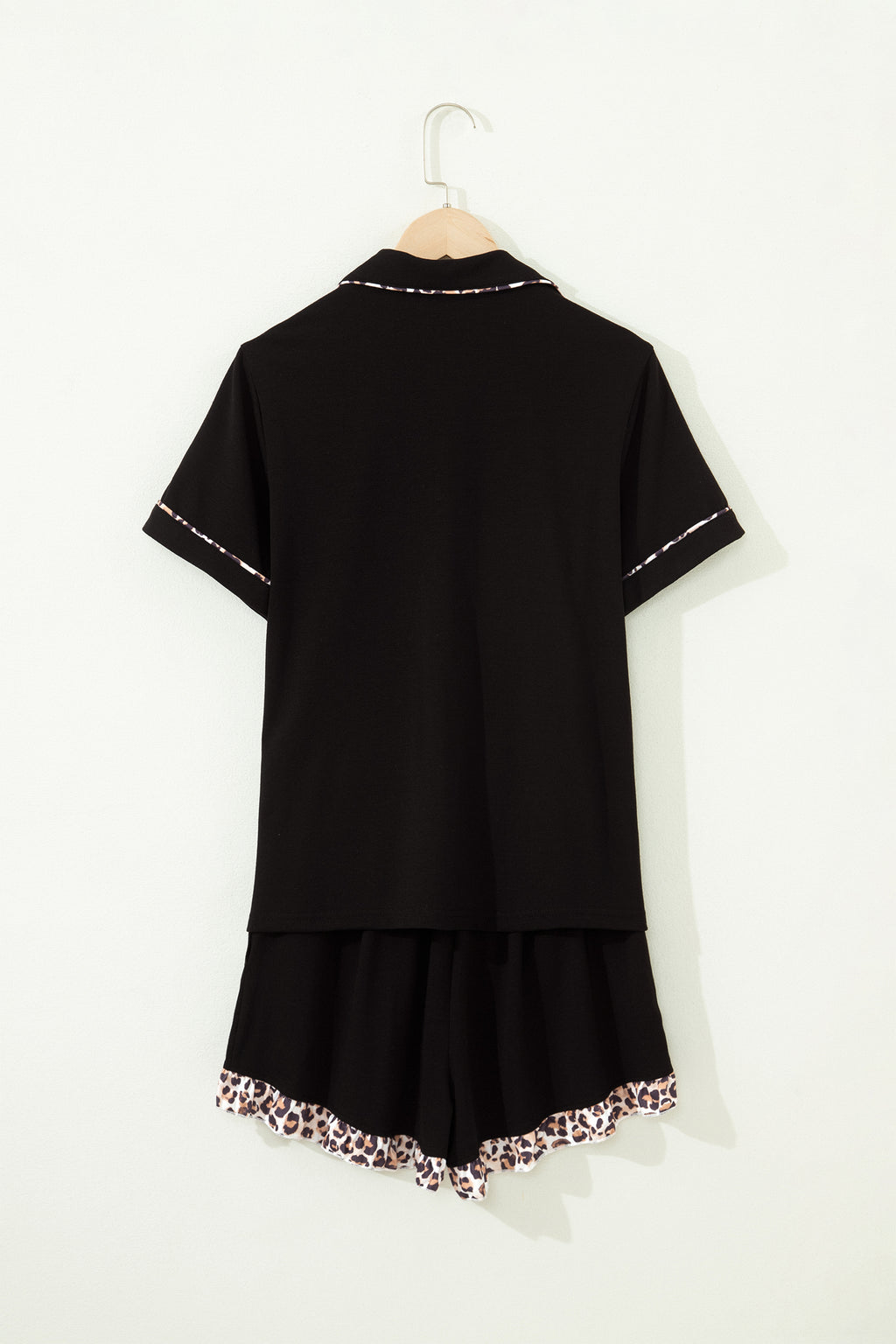 Black Leopard Patchwork Trim Lapel Shirt Drawstring Shorts 2pcs Pajama Set