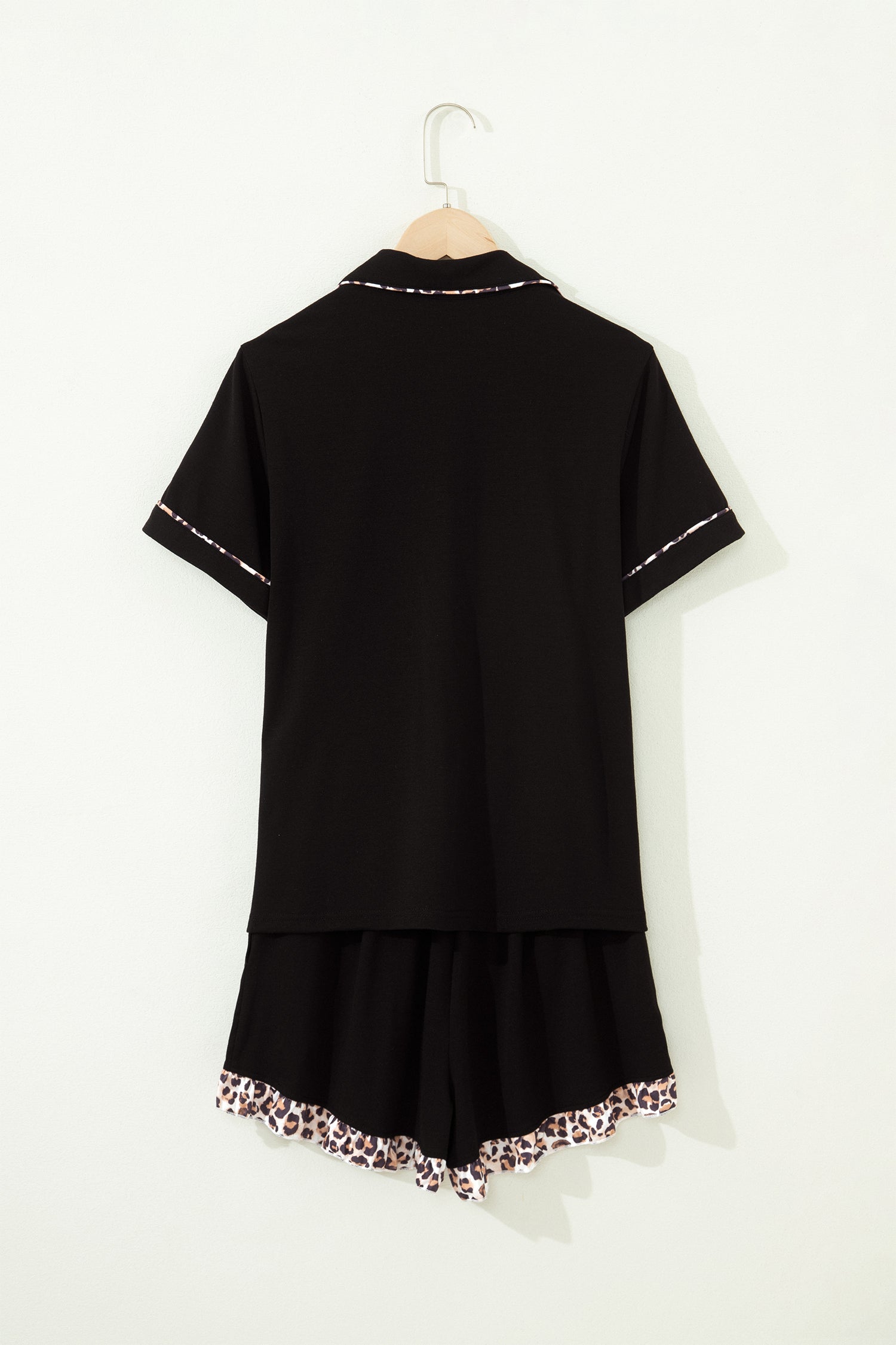 Black Leopard Patchwork Trim Lapel Shirt Drawstring Shorts 2pcs Pajama Set