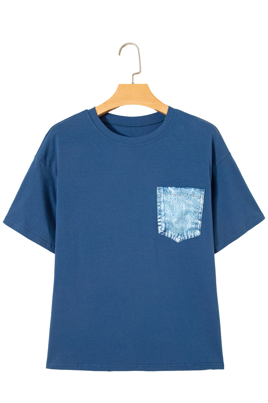 Sail Blue Color Block Chest Pocket Patched Casual Short Sleeve Top