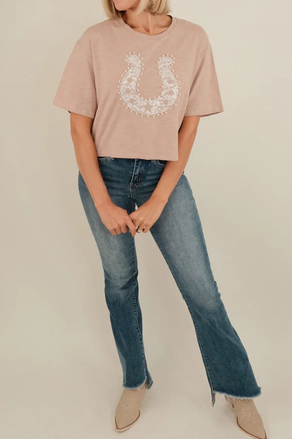 Smoke Gray Lace Pearled Decor Horse Shoe Graphic Western T Shirt