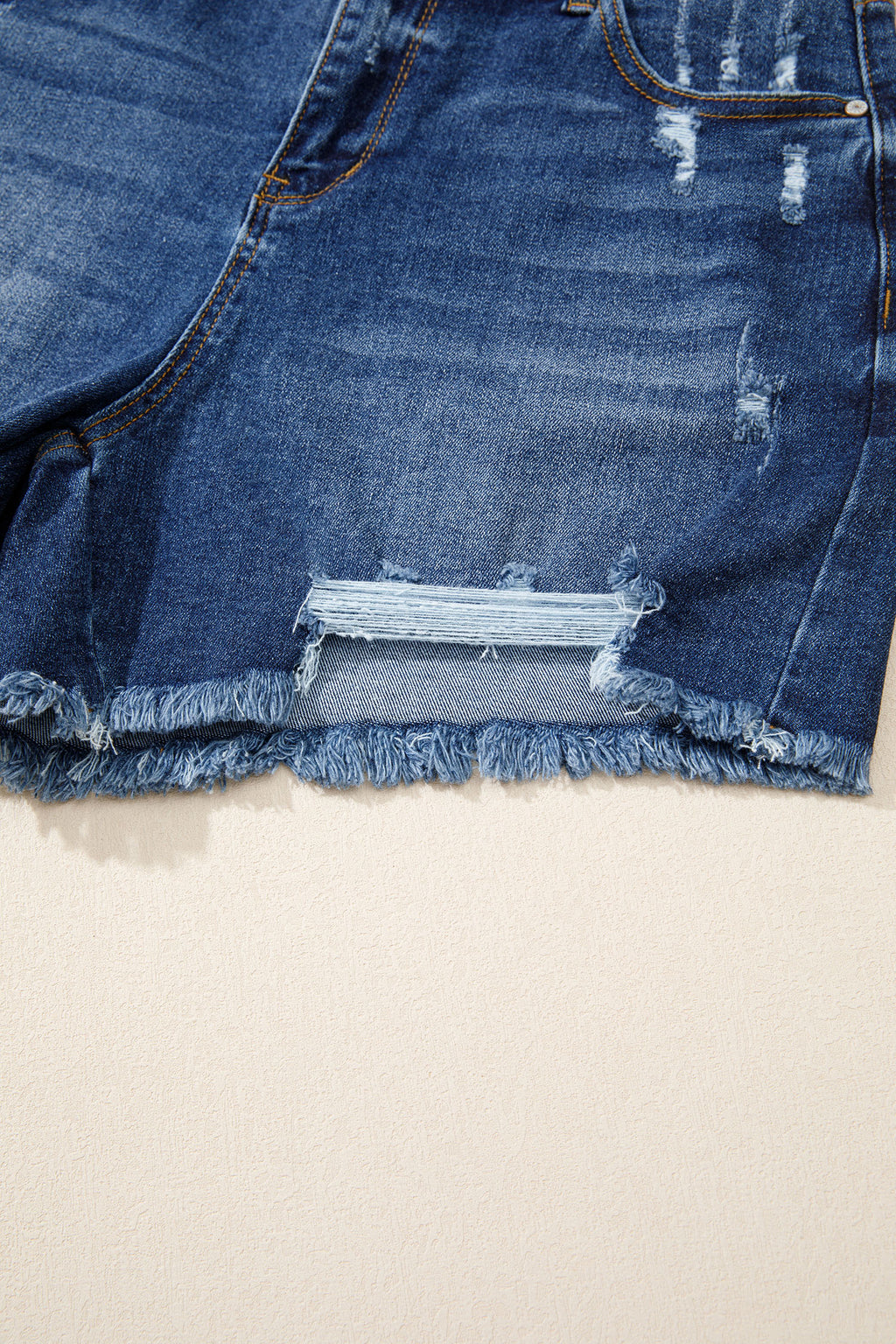 Sail Blue Asymmetric Raw Hem Distressed Whiskery Denim Shorts