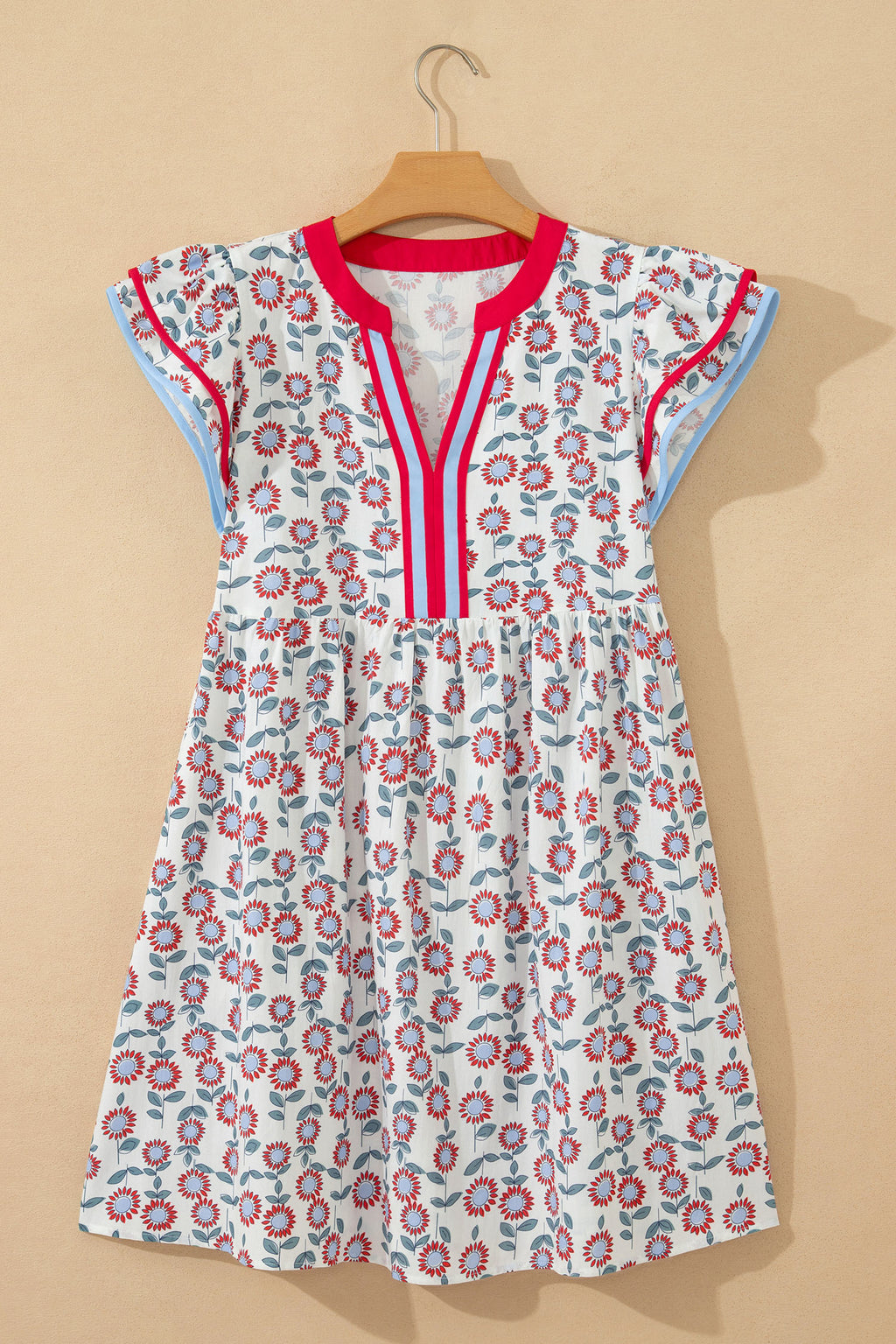 Red Floral Print Contrast Trim Flutter Sleeve Mini Dress