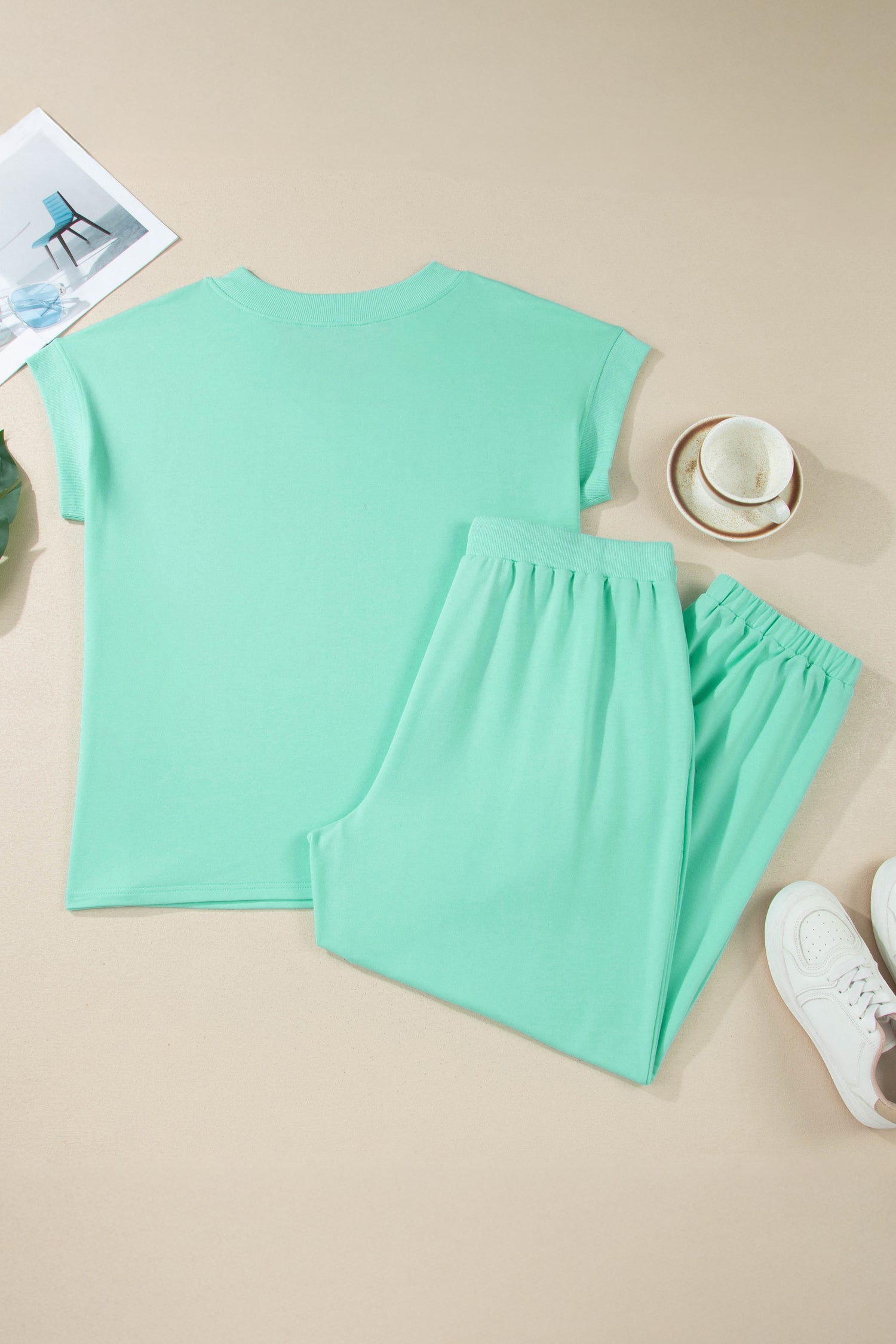 Mint Green Solid V-Neck Tee and Drawstring Plus Size Pants Set