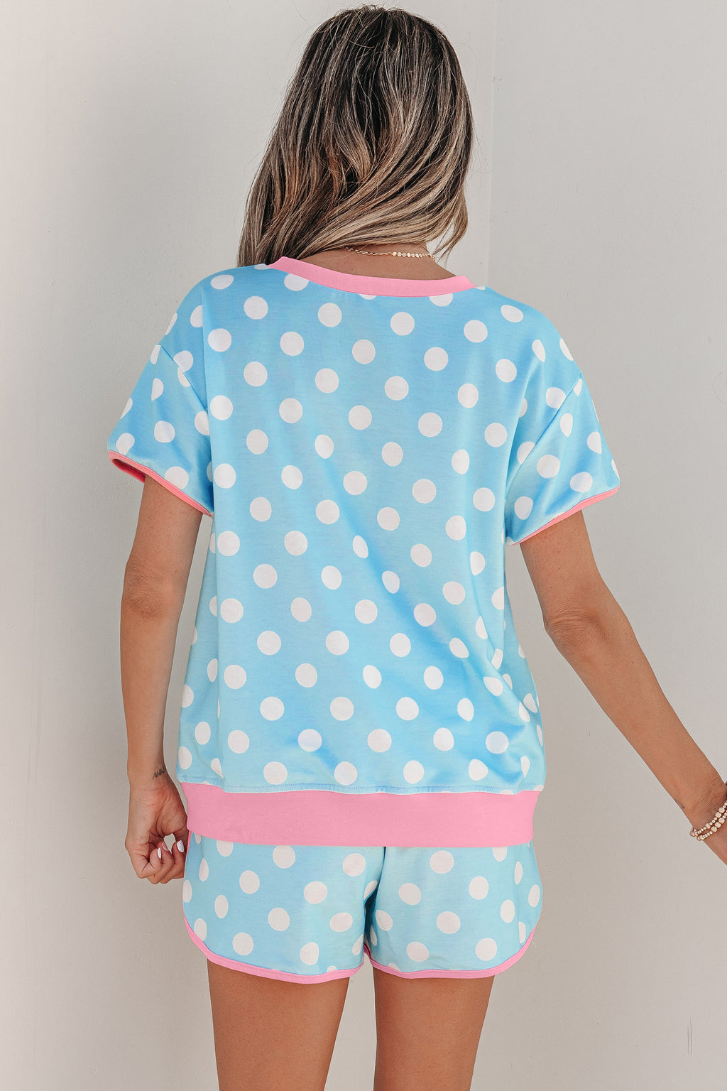 Sky Blue Polka Dot Contrast Edge Casual Short Set