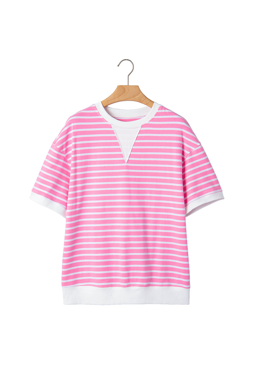 Pink Stripe Round Neck Drop Shoulder Short Sleeve Loose Top