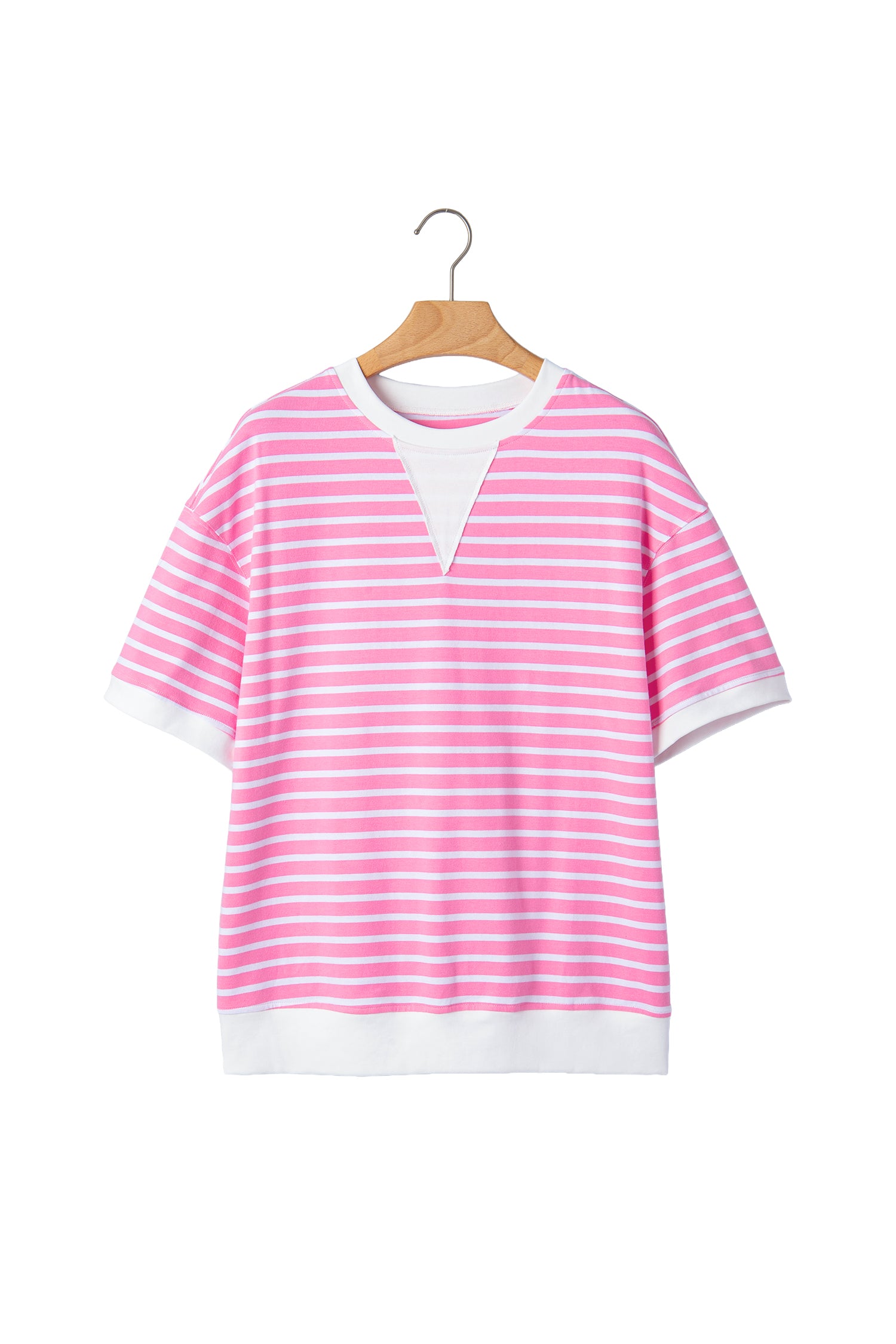 Pink Stripe Round Neck Drop Shoulder Short Sleeve Loose Top