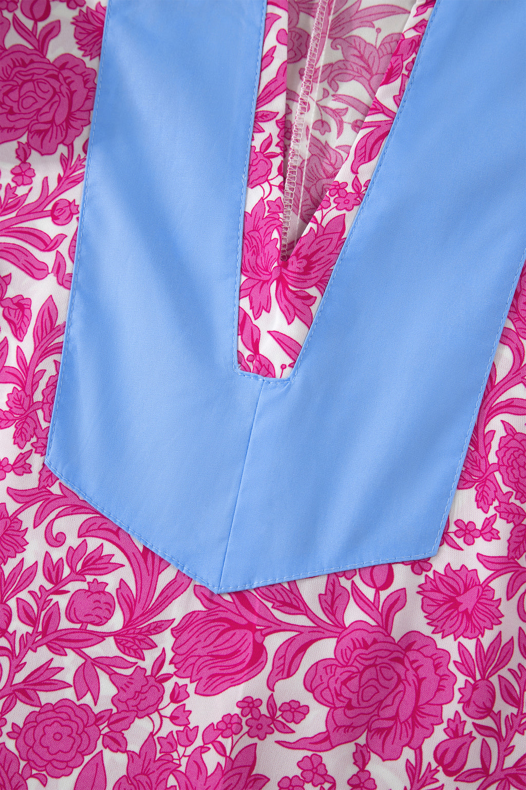 Pink Floral Print Color Block Patchwork V Neck Short Sleeve Midi Dress