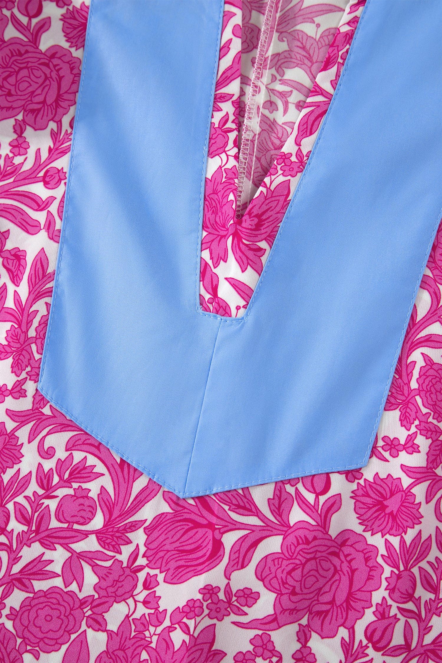 Pink Floral Print Color Block Patchwork V Neck Short Sleeve Midi Dress