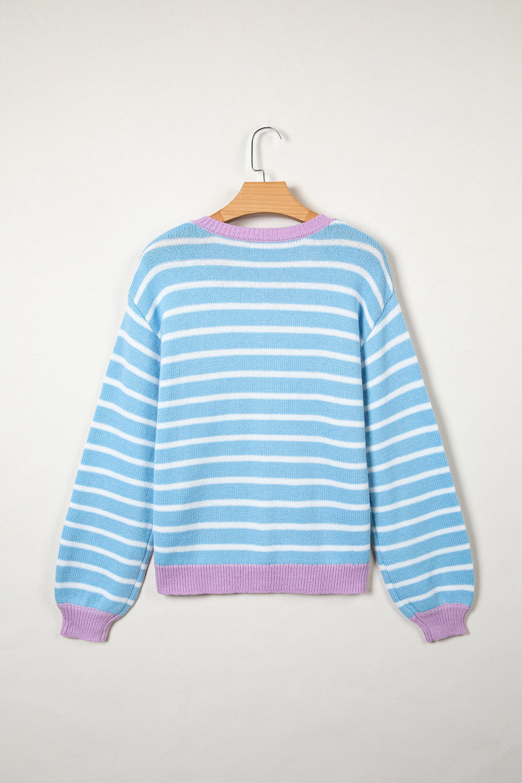 Sky Blue Stripe Striped Long Sleeve Round Neck Open Front Cardigan
