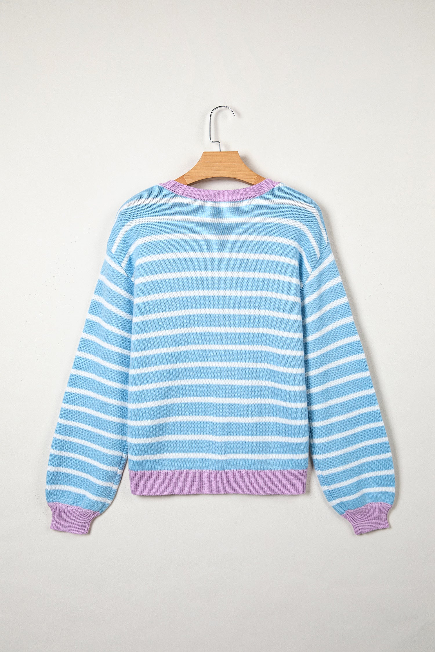Sky Blue Stripe Striped Long Sleeve Round Neck Open Front Cardigan