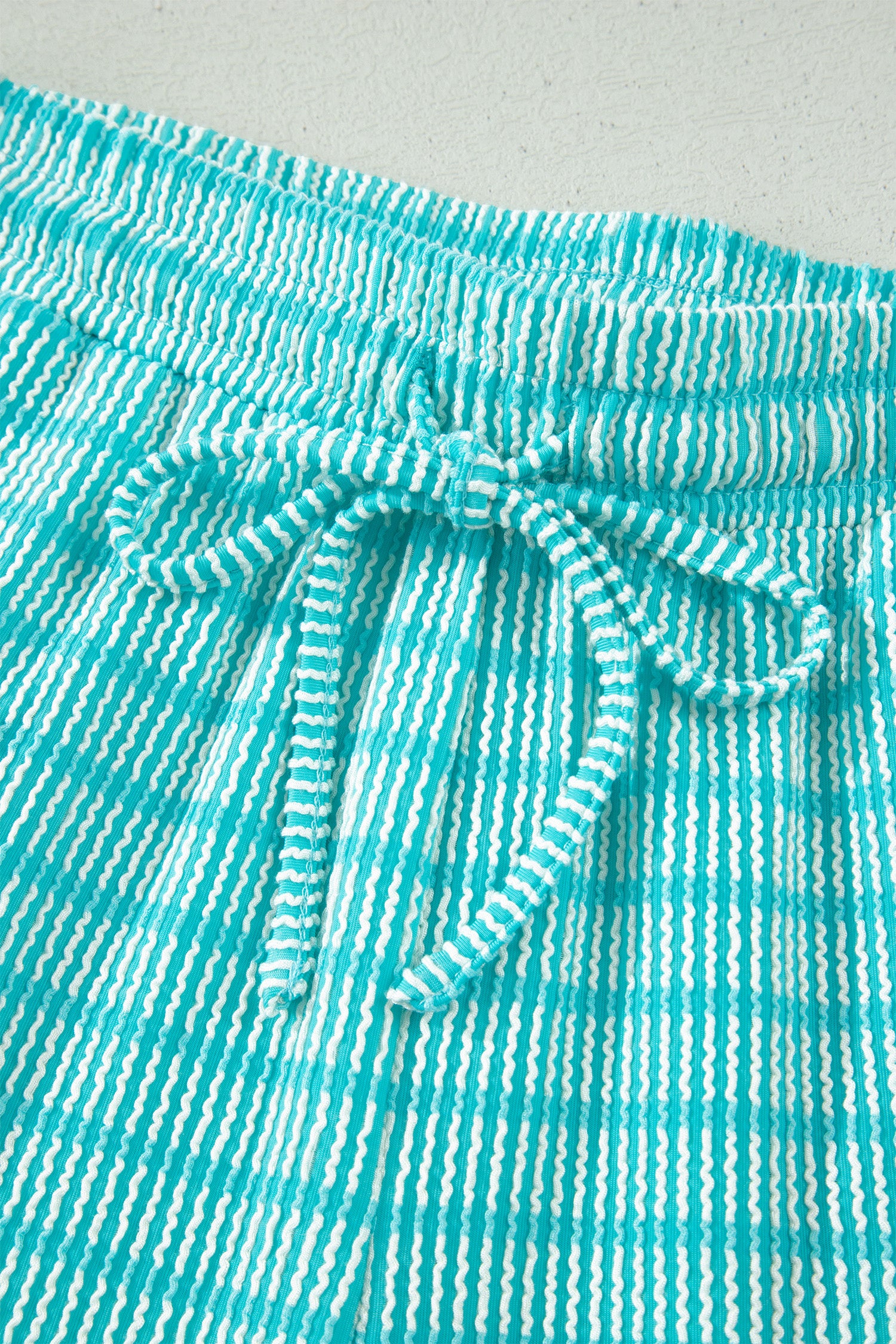 Sky Blue Stripe Raised Rib Loose Tee Drawstring Elastic Waist 2pcs Short Set