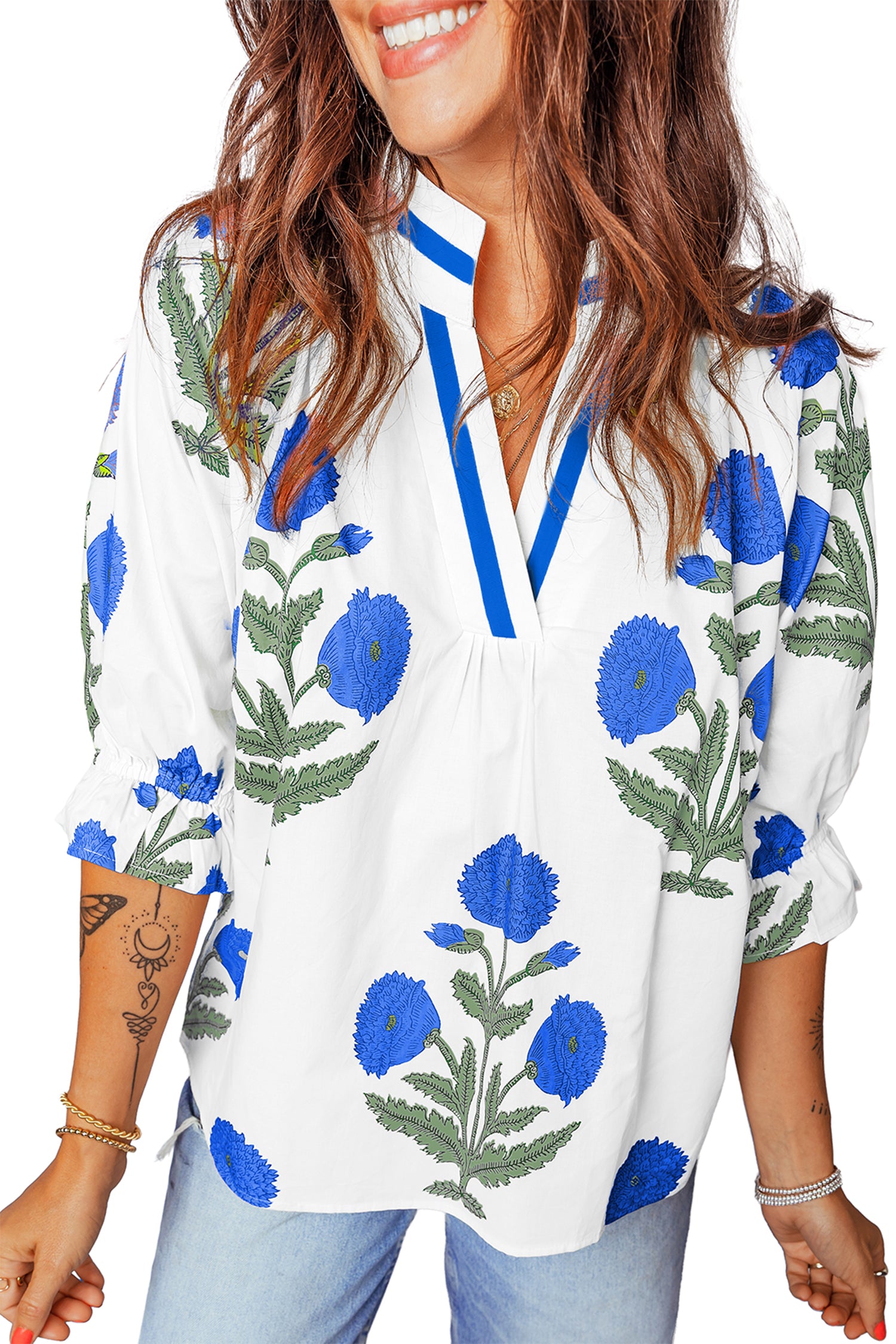 Sky Blue Casual Wild Flower Print V Neck 3/4 Sleeve Blouse