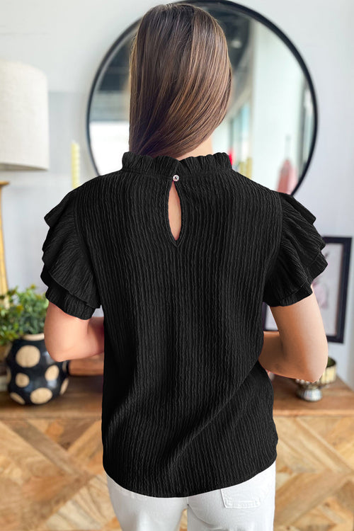 Black Solid Color Textured Ruffle Trim Short Sleeve Blouse