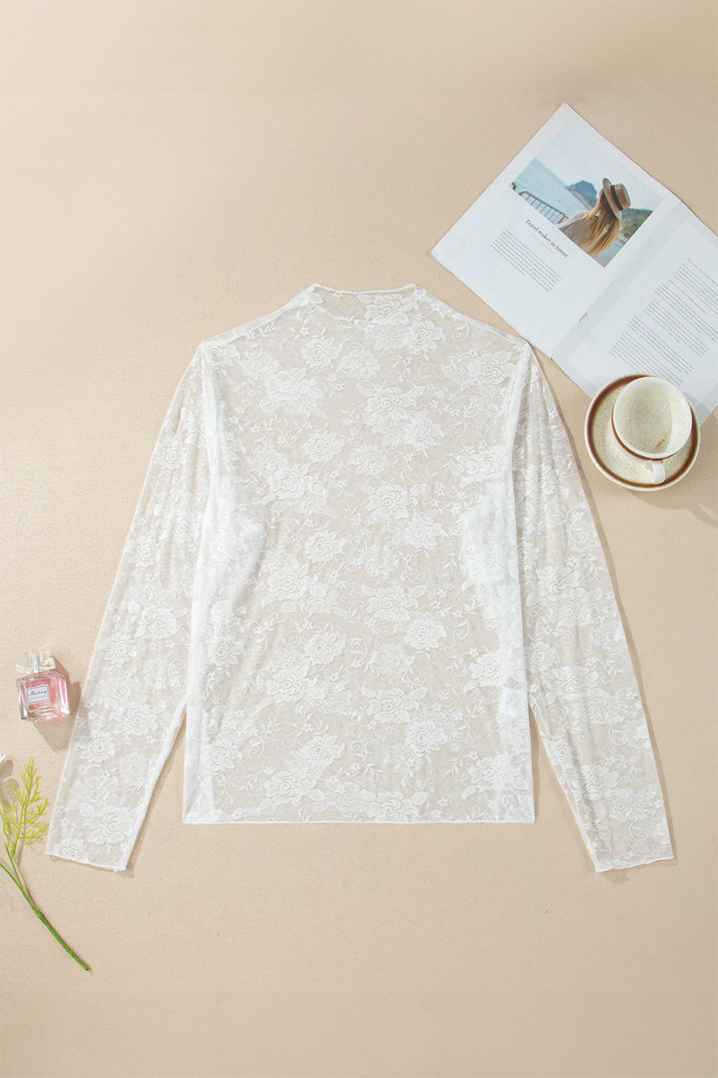 White Plus Size Floral Mesh Long Sleeve Top