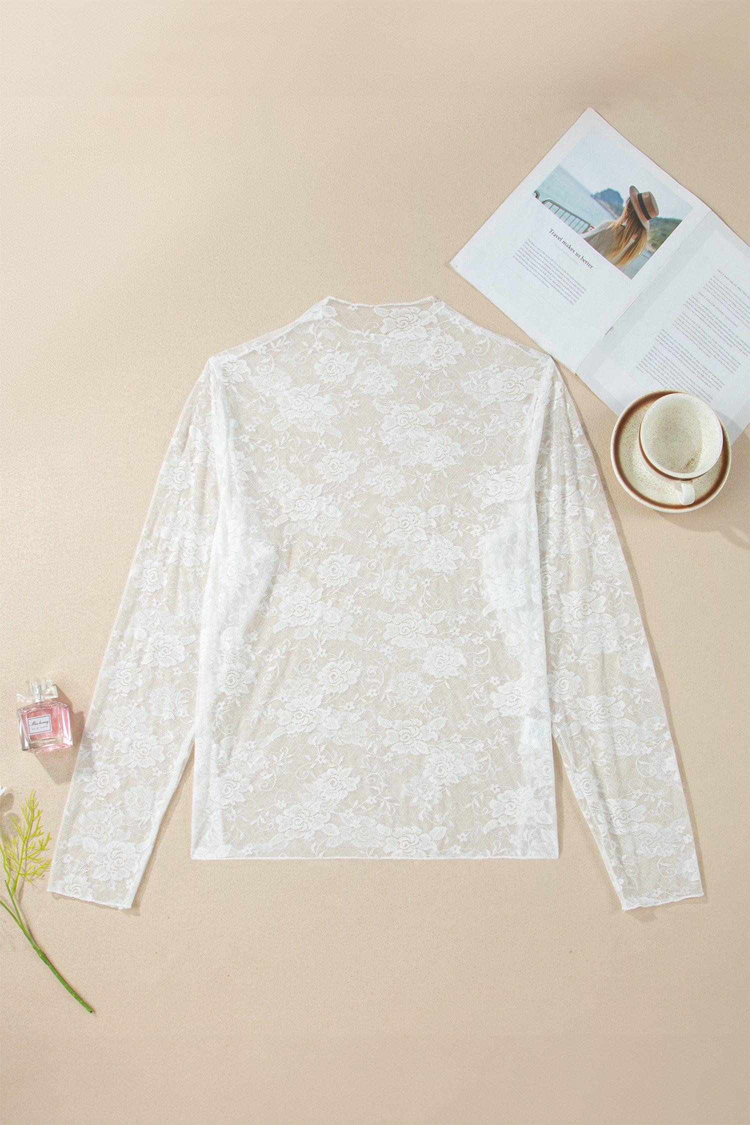 White Plus Size Floral Mesh Long Sleeve Top
