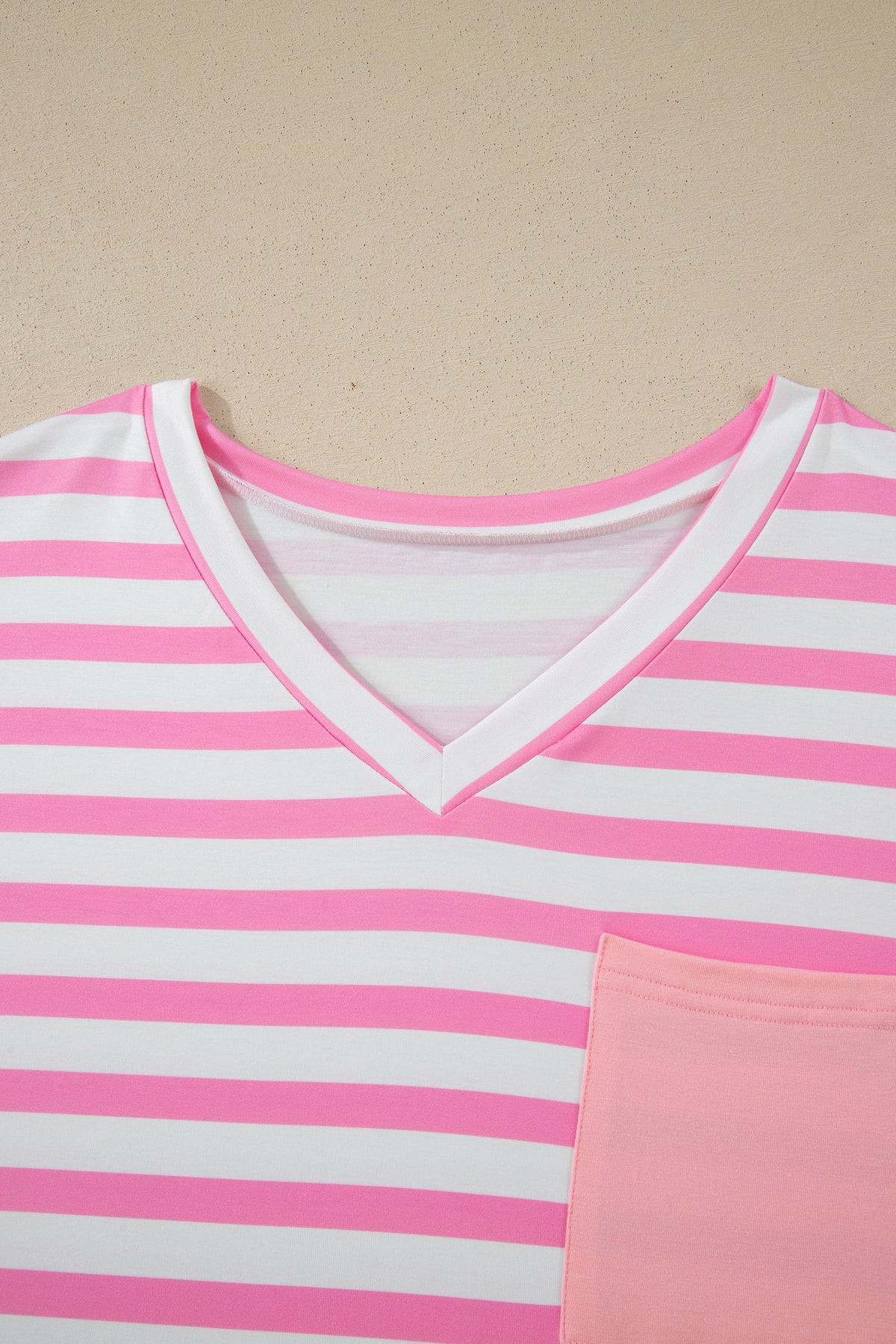Pink Stripe Colorblock Patched Pocket V Neck Plus Size Tee