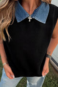 Black Solid Color Knit Contrast Denim Patchwork Collar Sweater Vest