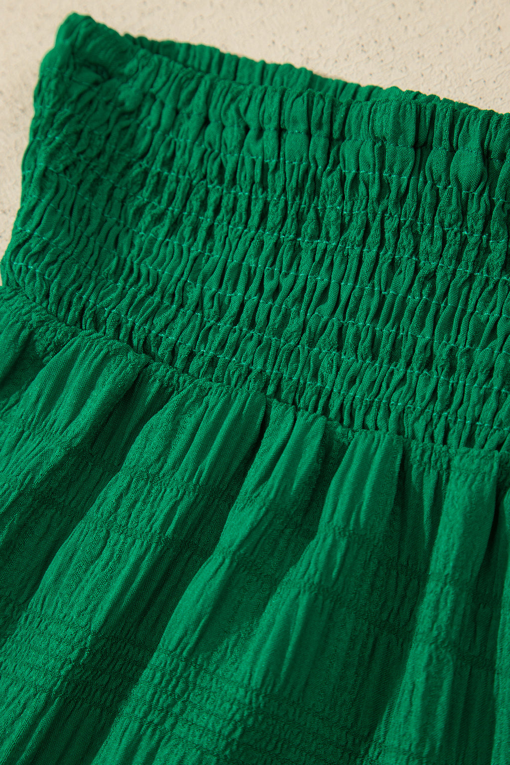 Dark Green Textured Square Neck Top and Shirred High Waist Shorts Set