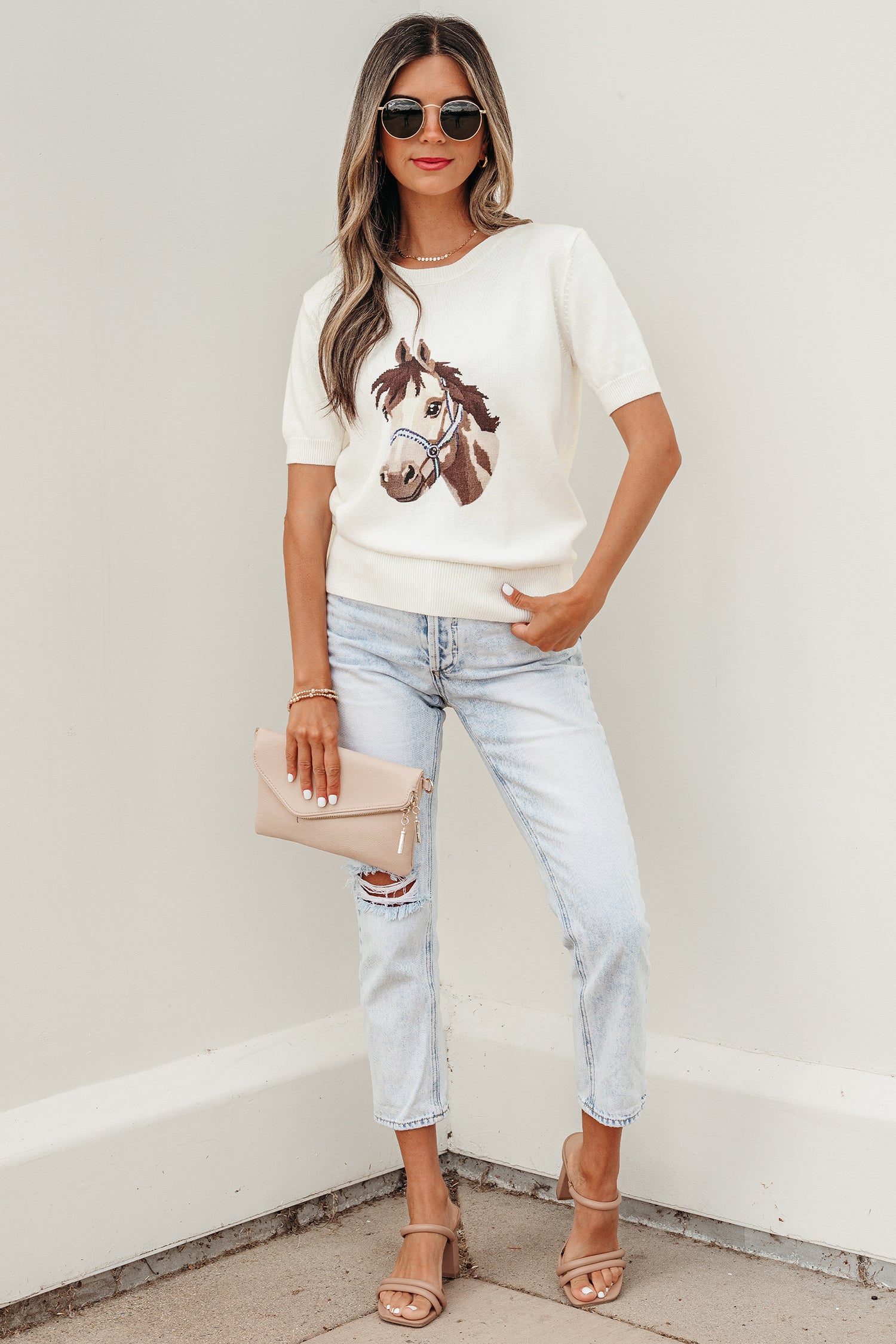 White Wild West Horse Head Printed Short Sleeve Sweater