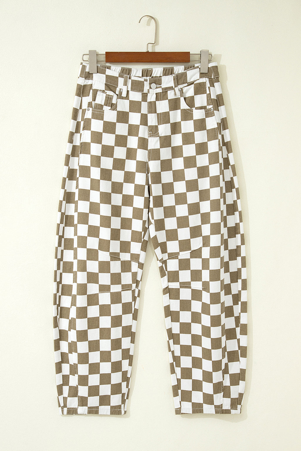 White Checkered Print Denim Barrel Pants