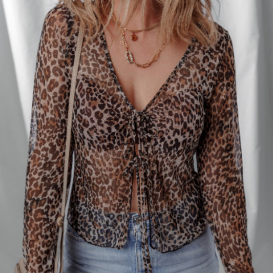 Multicolour Leopard Sheer Mesh Long Sleeve V Neck Lace-up Blouse