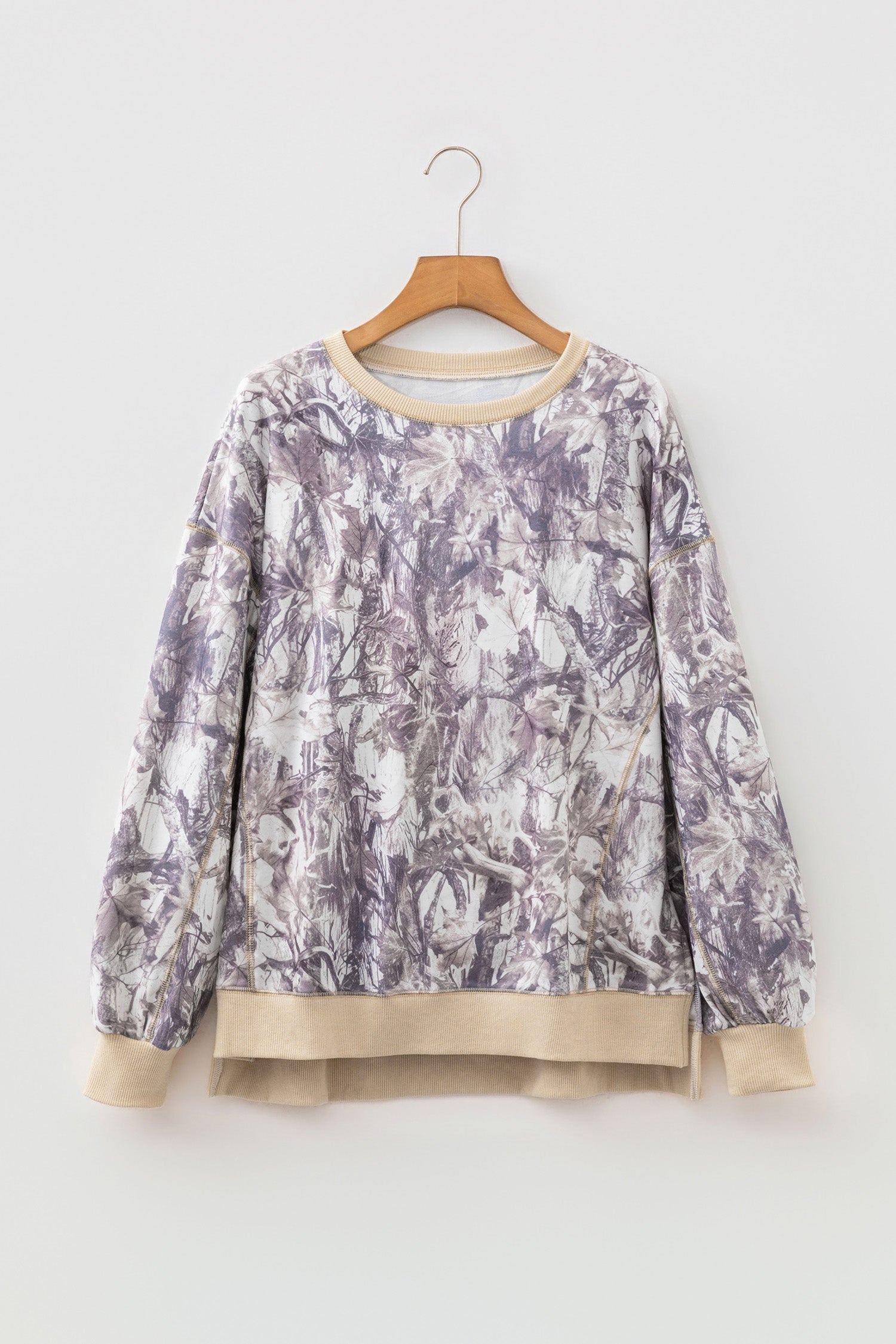 Khaki Abstract Camo Print Colorblock Trim Side Split Tunic Sweatshirt