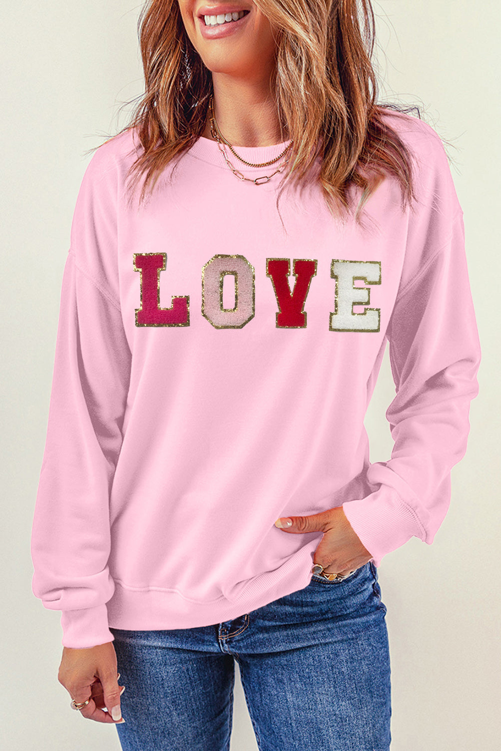 Pink Valentine LOVE Chenille Embroidered Sweatshirt