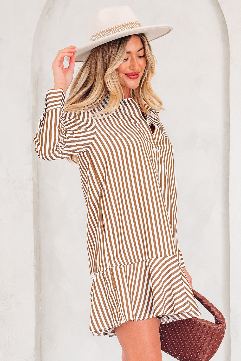 Brown Stripe Ruffled Hem Collared Long Sleeve Shirt Mini Dress