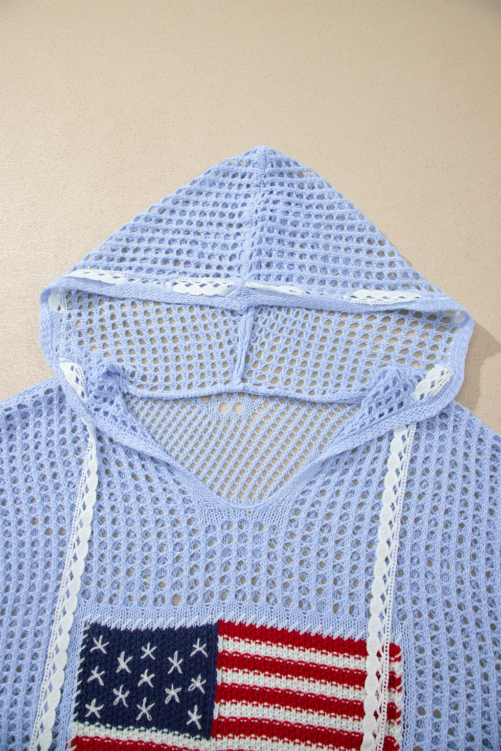 Beau Blue Hollow Out Crochet Knit American Flag Patched Sweater Hoodie