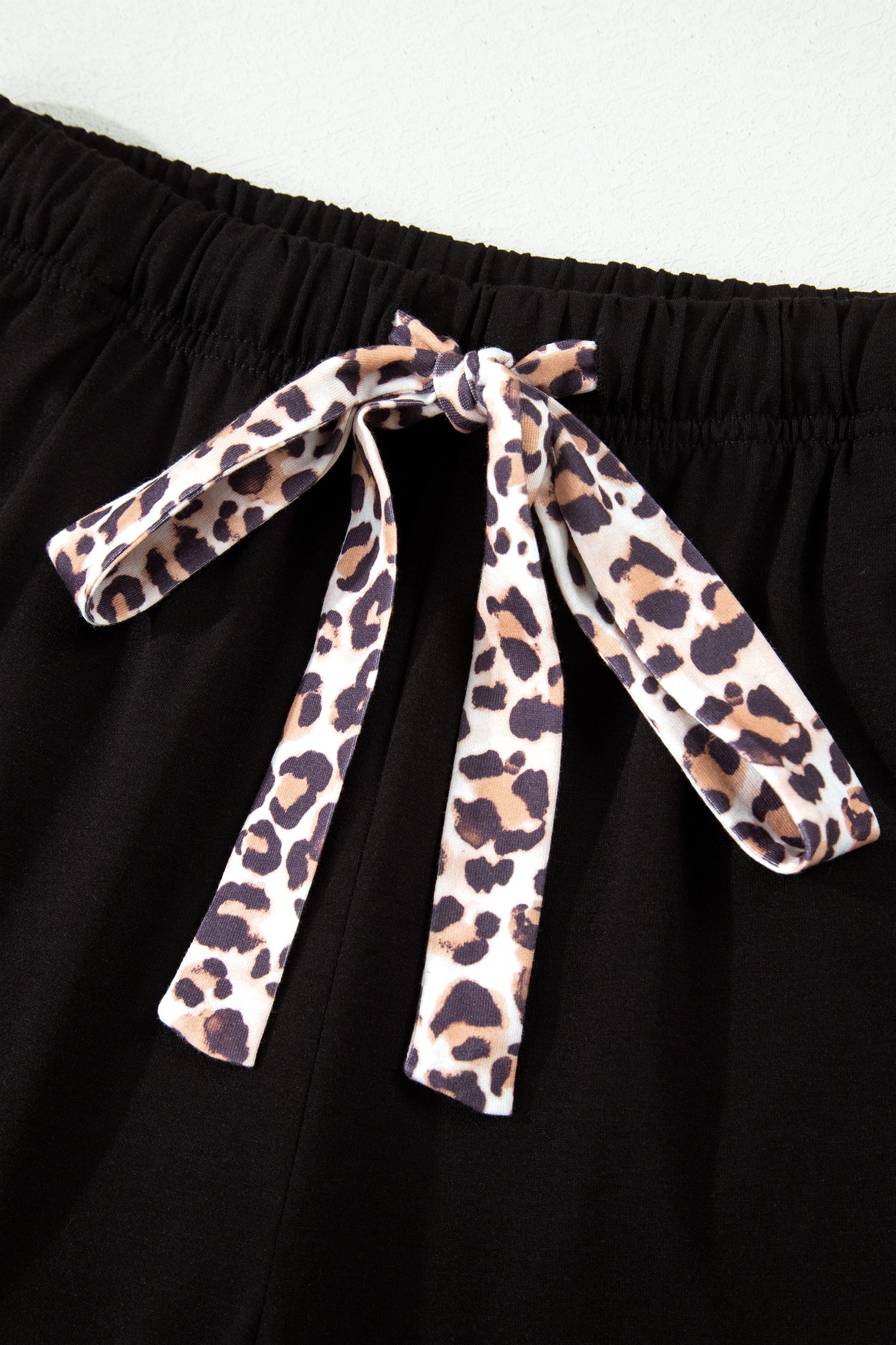 Black Leopard Patchwork Trim Lapel Shirt Drawstring Shorts 2pcs Pajama Set