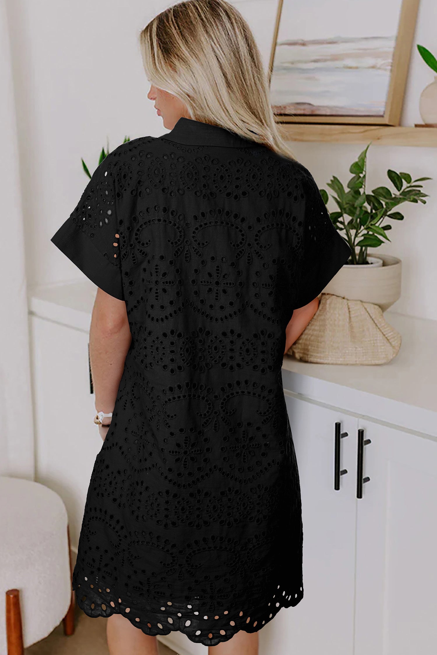 Rose Red Solid Color Eyelet Embroidered T Shirt Mini Dress