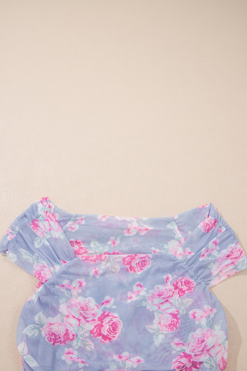 Sky Blue Square Neck Cap Sleeve Ruched Floral Mesh Top