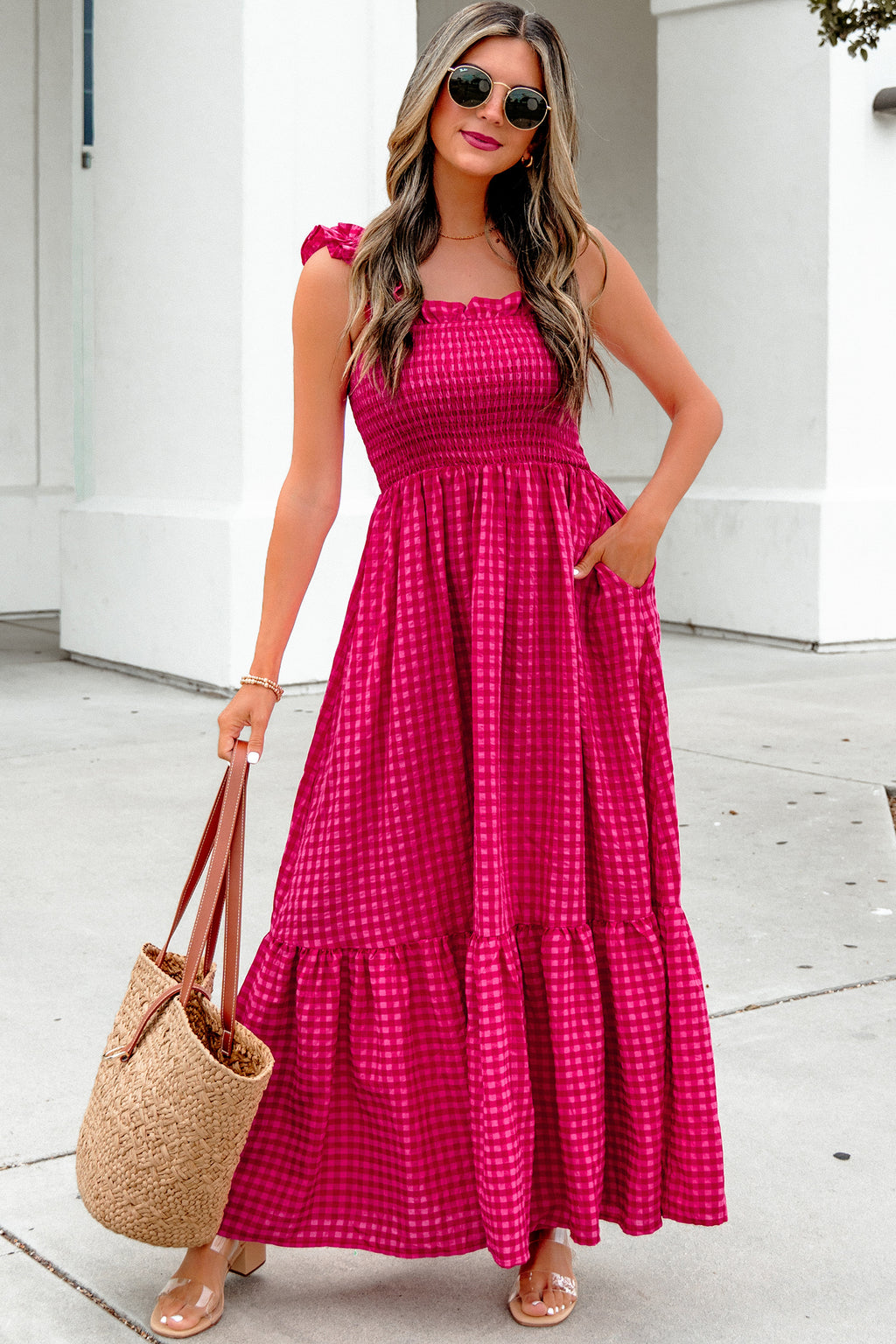 Red Plaid Square Neck Fit-and-flared Vacation Sundress