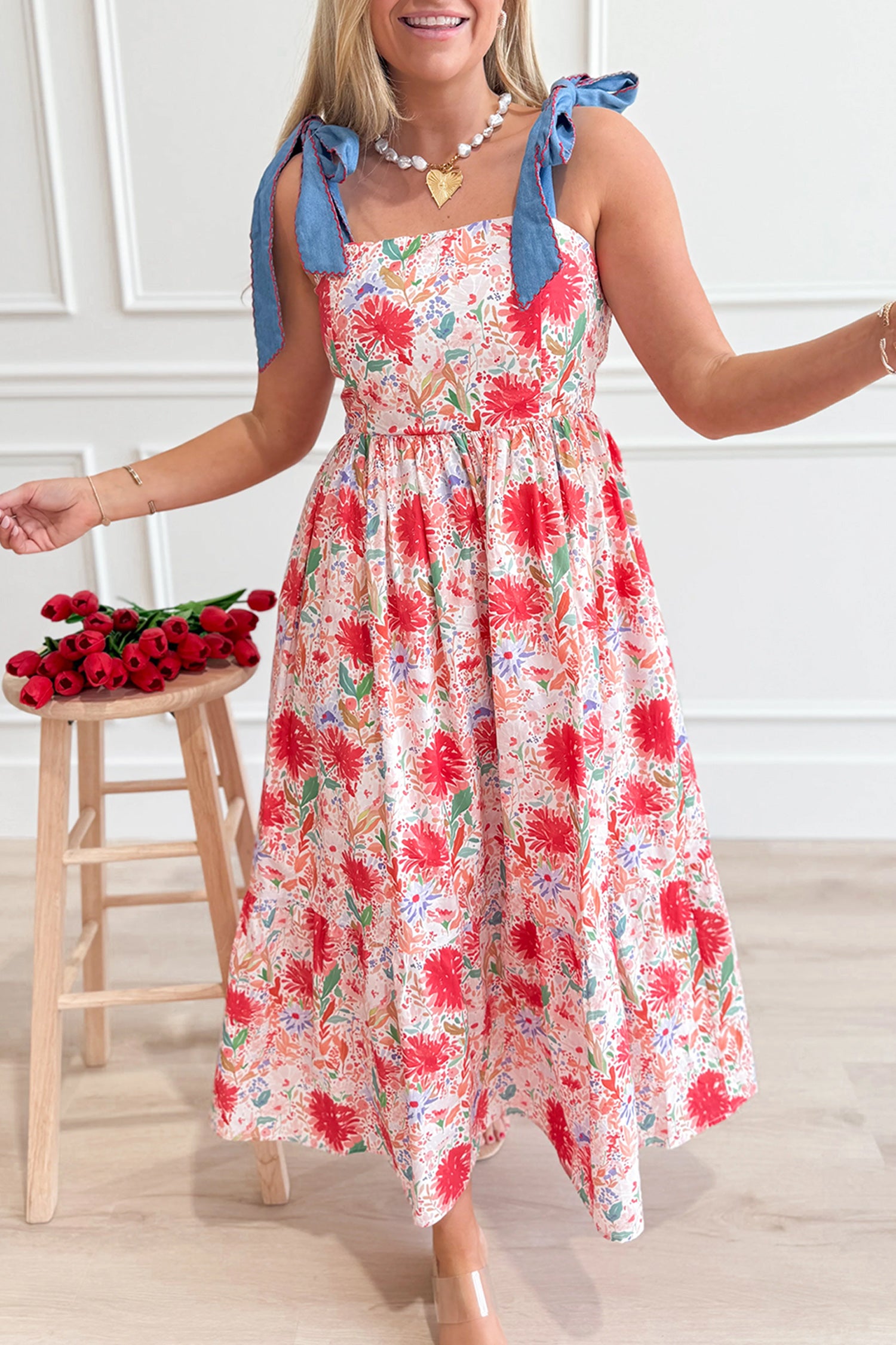 Red Floral Print Contrast Stitched Knot Denim Straps High Waist Dress