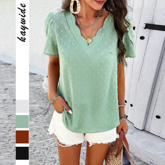 Spring And Summer Leisure Solid Color And V-neck Short Sleeve Top