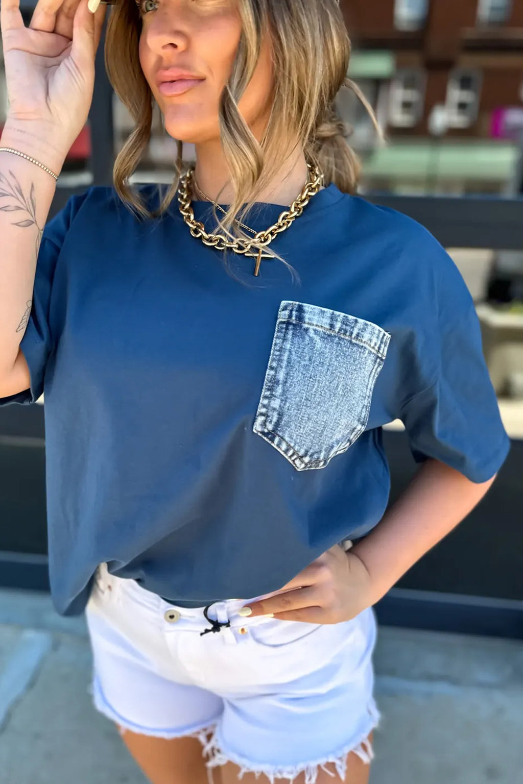 Sail Blue Color Block Chest Pocket Patched Casual Short Sleeve Top
