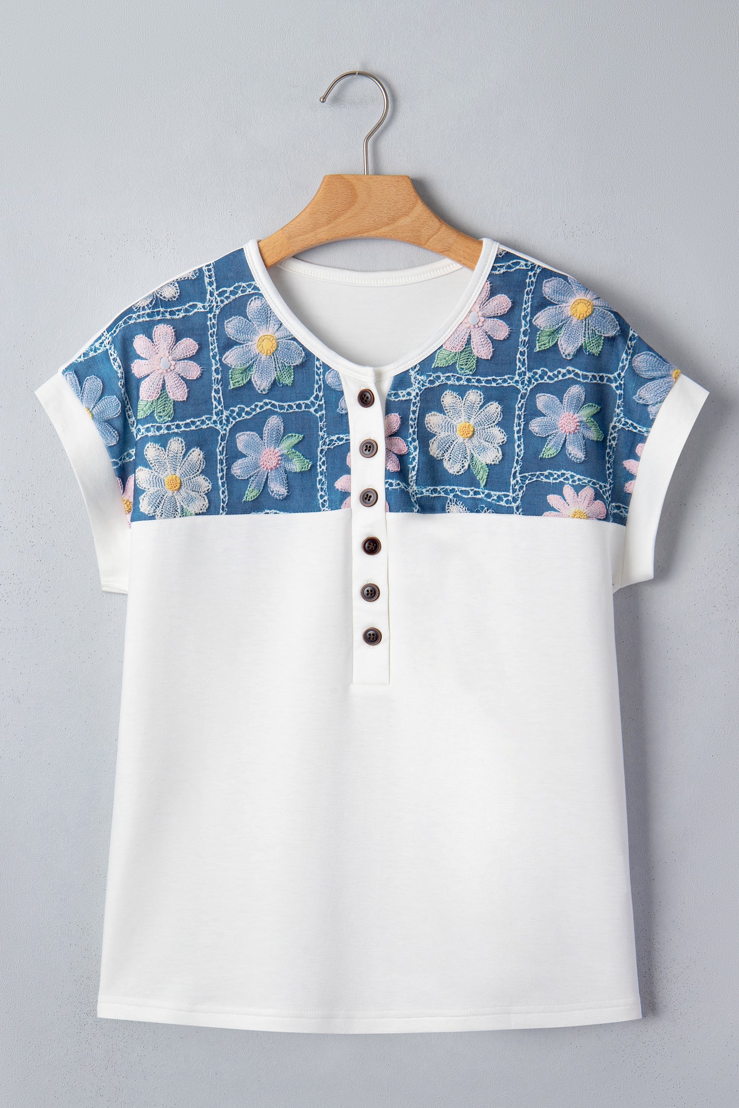 White Floral Patchwork Short Sleeve Viscose Blend Blouse