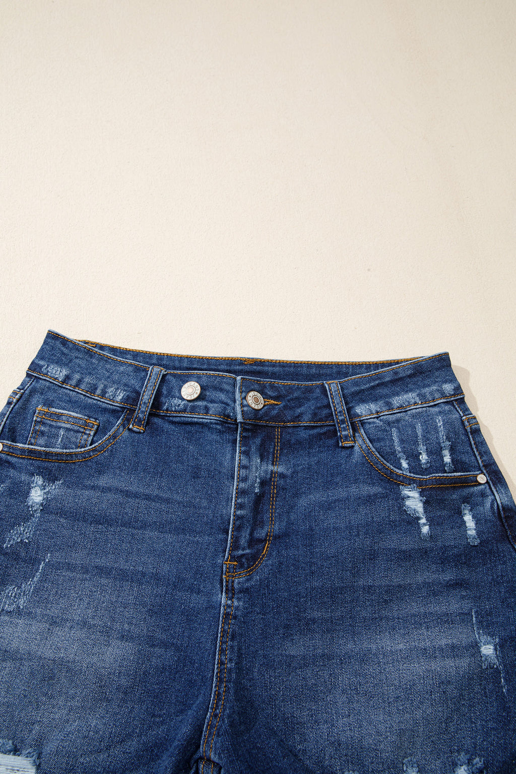 Sail Blue Asymmetric Raw Hem Distressed Whiskery Denim Shorts