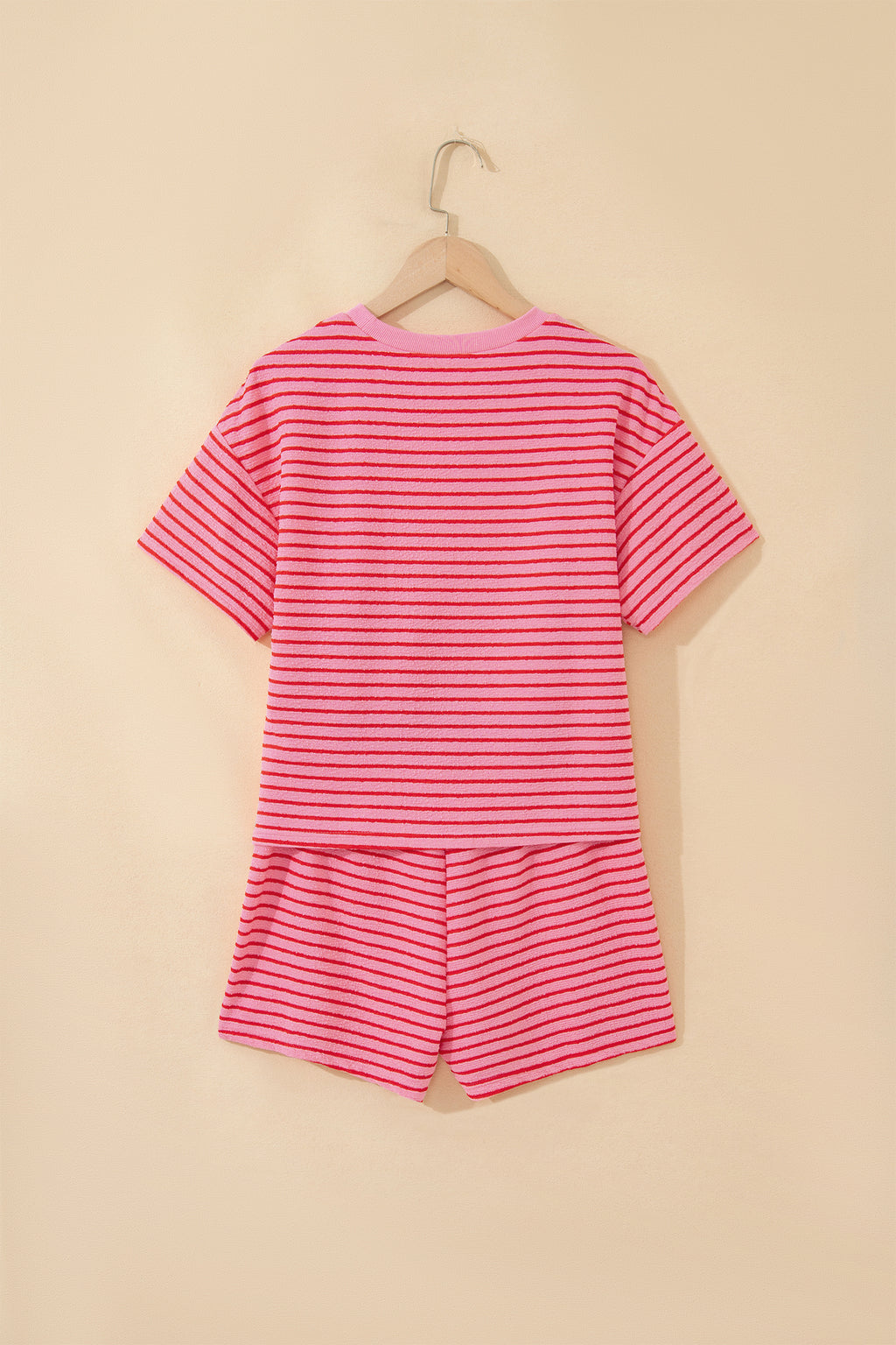 Rose Stripe Side Split Knit Tee Drawstring Shorts Set